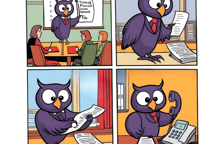 corsuffiziu.fr - Un hibou de dessin animé nommé Qui, vêtu d'un costume, dirige une réunion, examine des documents, les tamponne et parle au téléphone dans un environnement de bureau animé. corsuffiziu.fr -