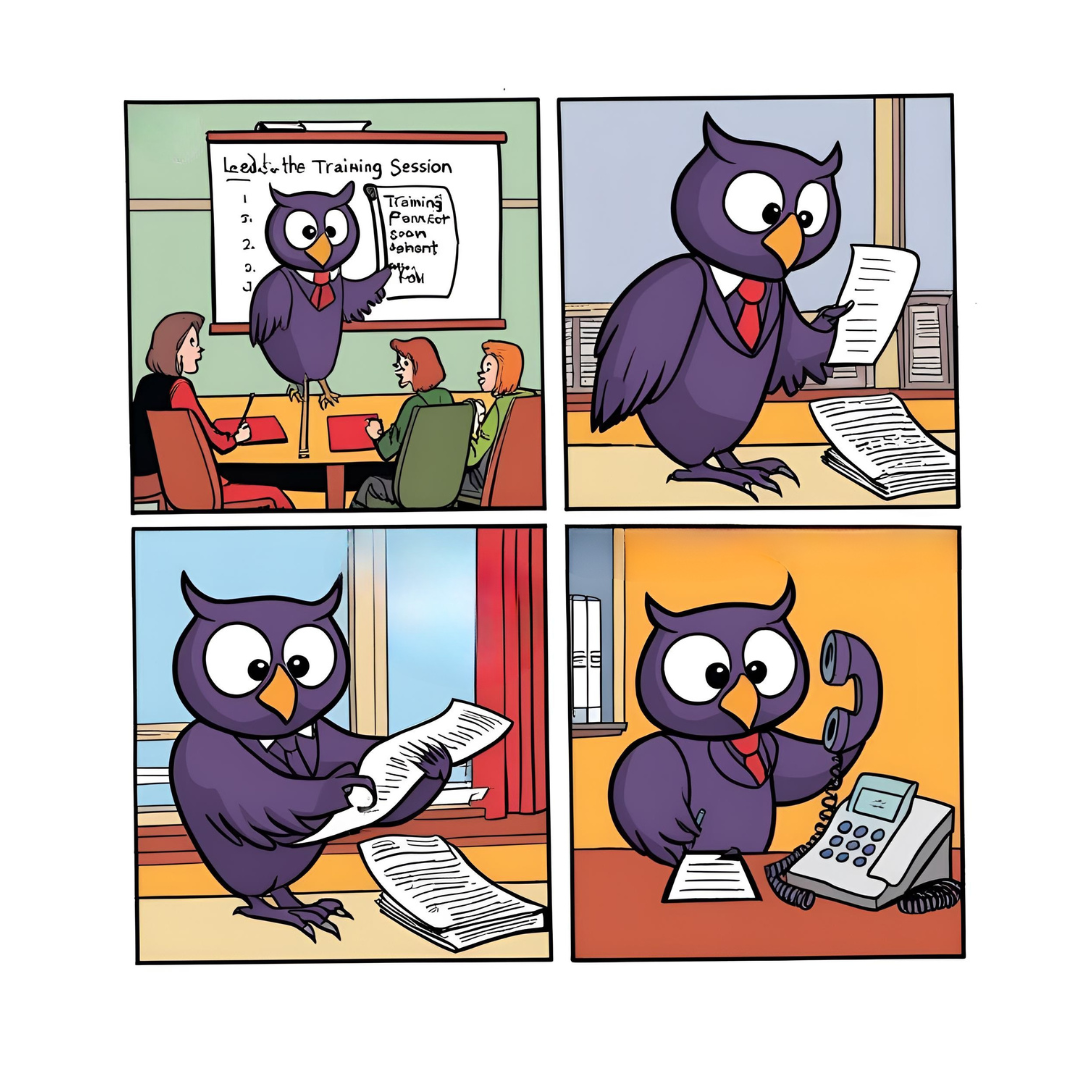 corsuffiziu.fr - Un hibou de dessin animé nommé Qui, vêtu d'un costume, dirige une réunion, examine des documents, les tamponne et parle au téléphone dans un environnement de bureau animé. corsuffiziu.fr -
