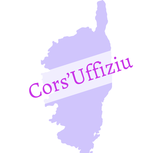 corsuffiziu.fr - Une silhouette violette de l'île de Corse avec le texte "Cors'Uffiziu" en lettres violettes sur une bannière diagonale blanche en travers de la carte. corsuffiziu.fr -