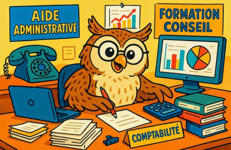 corsuffiziu.fr - Un hibou portant des lunettes est assis à un bureau où se trouvent des documents, une calculatrice, un ordinateur, des livres et un téléphone. Des panneaux indiquent Aide Administrative, Formation Conseil, Comptabilité, soulignant la diversité des services administratifs. corsuffiziu.fr -